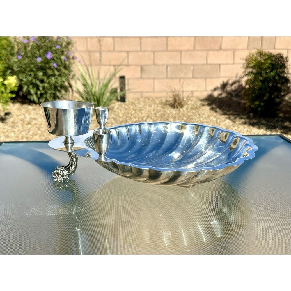 Vtg Silverplate Scallop Shell Shrimp Cocktail Server Dish 3 Cup Dolphin Handle